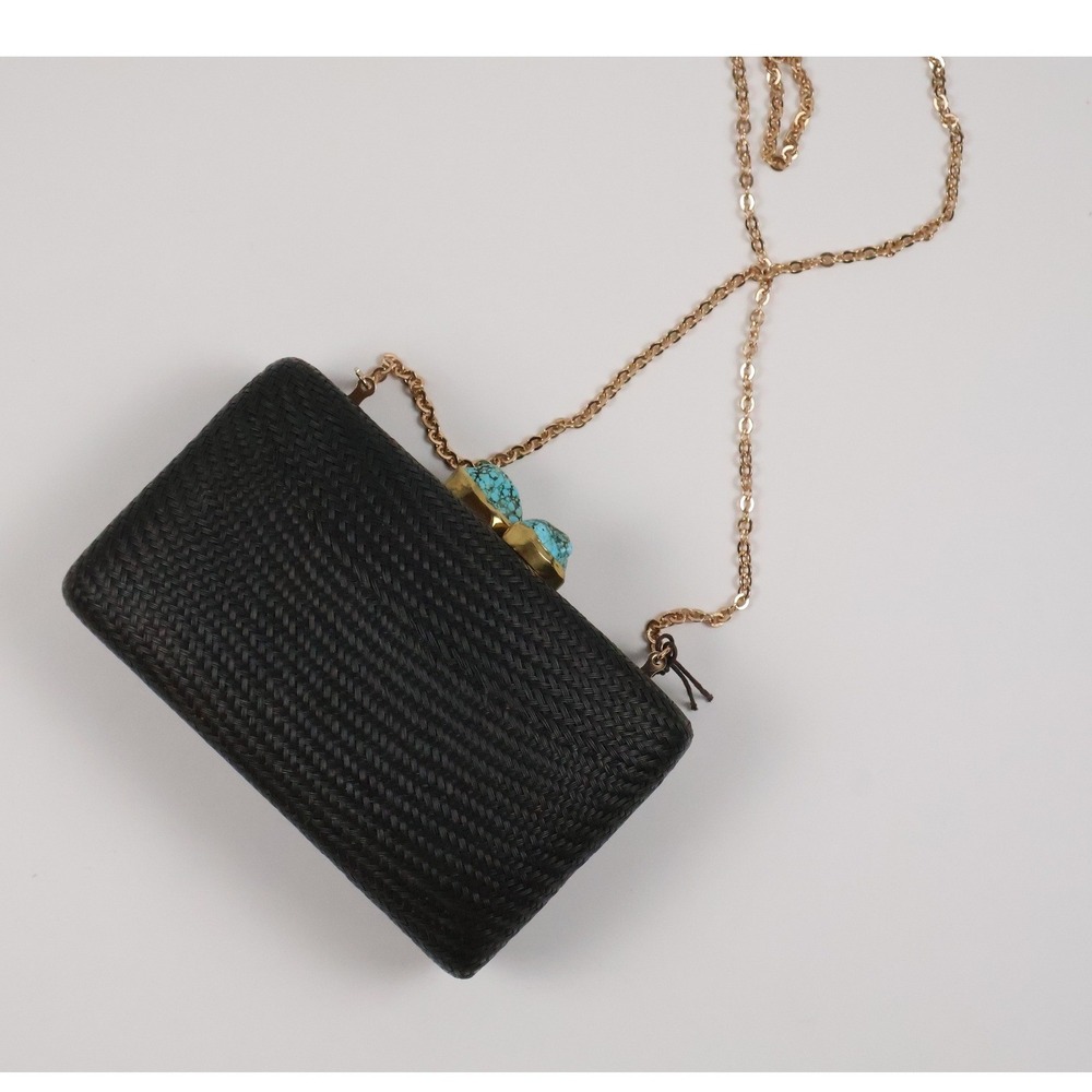 Kayu Woven Straw Turquoise Stone Clasp Crossbody Box Clutch Bag Black OS